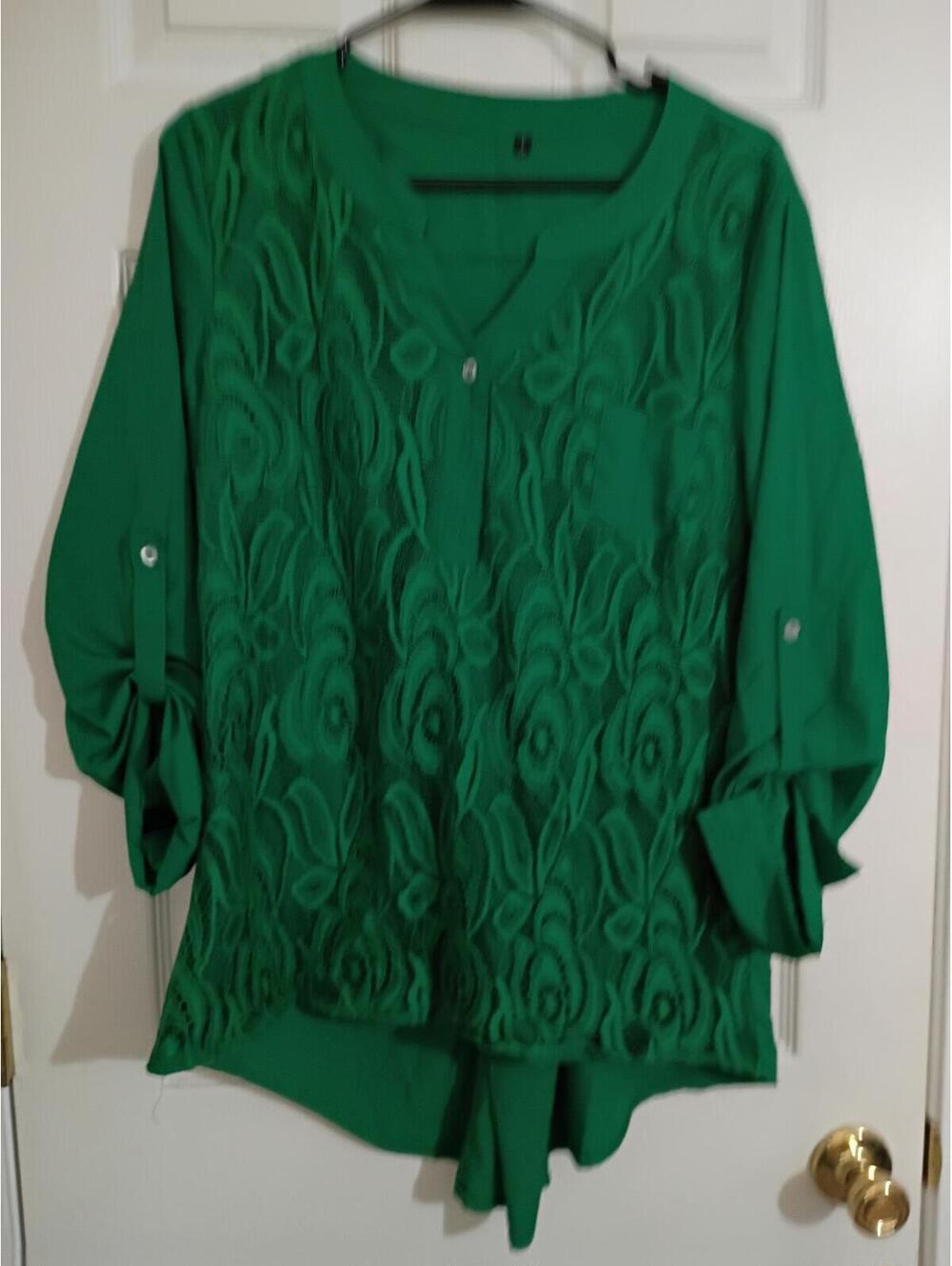 Green Long Sleeve Lace Front Button Blouse